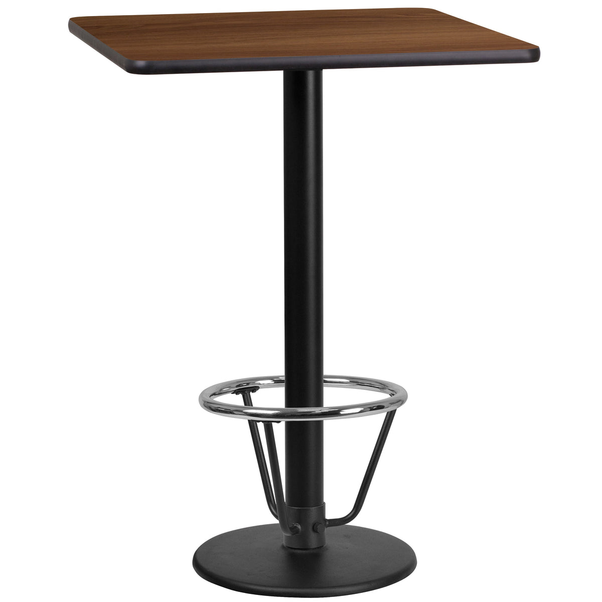 Walnut |#| 24inch Square Walnut Laminate Table Top & 18inch Round Bar Height Base with Foot Ring