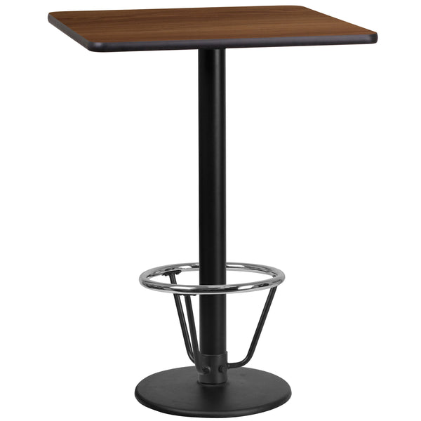 Walnut |#| 24inch Square Walnut Laminate Table Top & 18inch Round Bar Height Base with Foot Ring