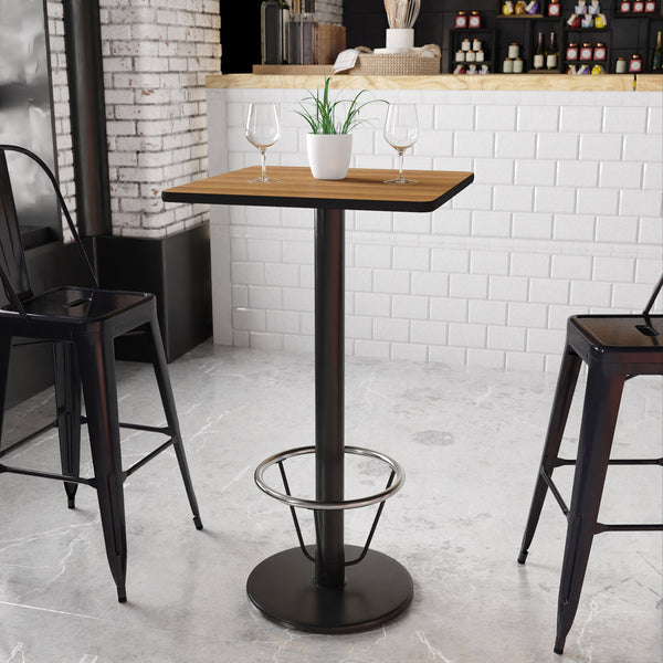 Walnut |#| 24inch Square Walnut Laminate Table Top & 18inch Round Bar Height Base with Foot Ring