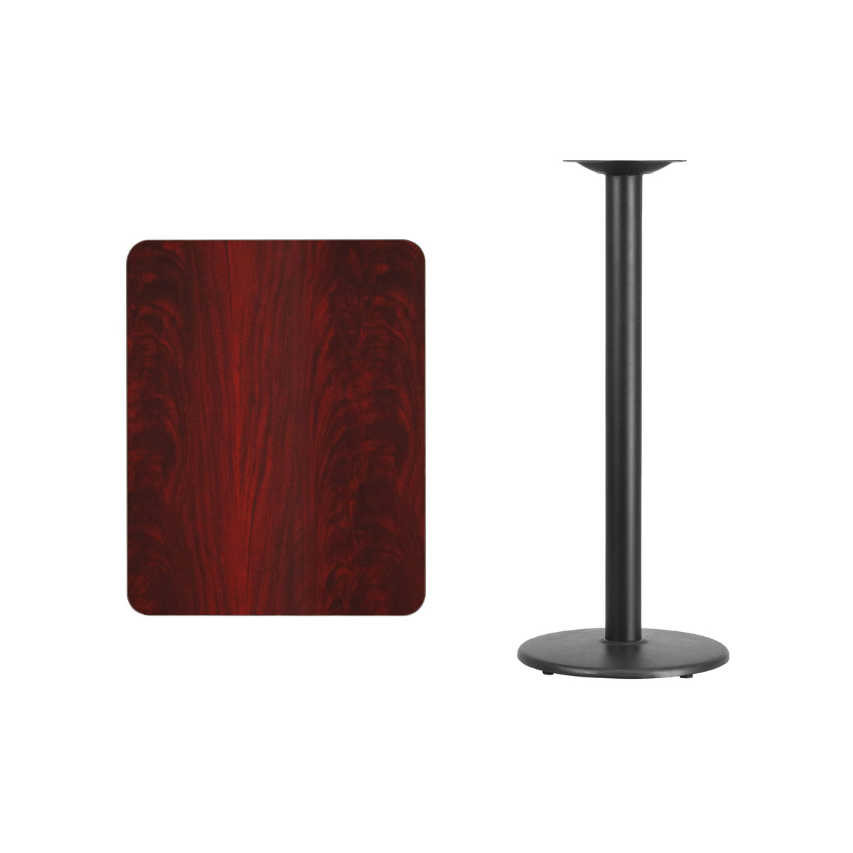 Mahogany |#| 24inch x 30inch Mahogany Laminate Table Top with 18inch Round Bar Height Table Base