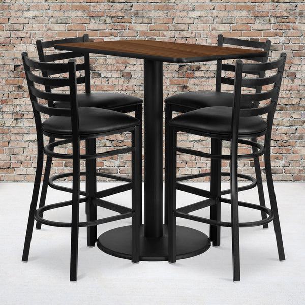 Walnut Top/Black Vinyl Seat |#| 24inch x 42inch Rectangular Walnut Laminate Table with 4 Ladder Back Metal Barstools