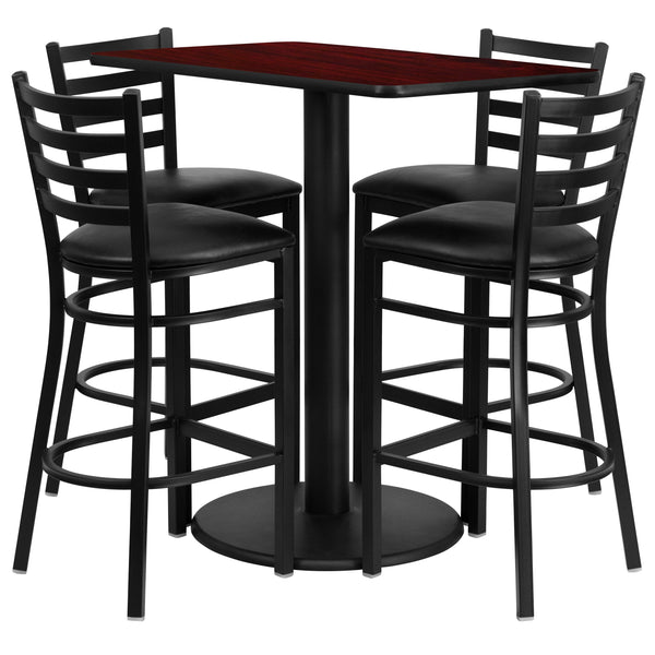 Mahogany Top/Black Vinyl Seat |#| 24inch x 42inch Rectangular Mahogany Laminate Table w/ 4 Ladder Back Metal Barstools