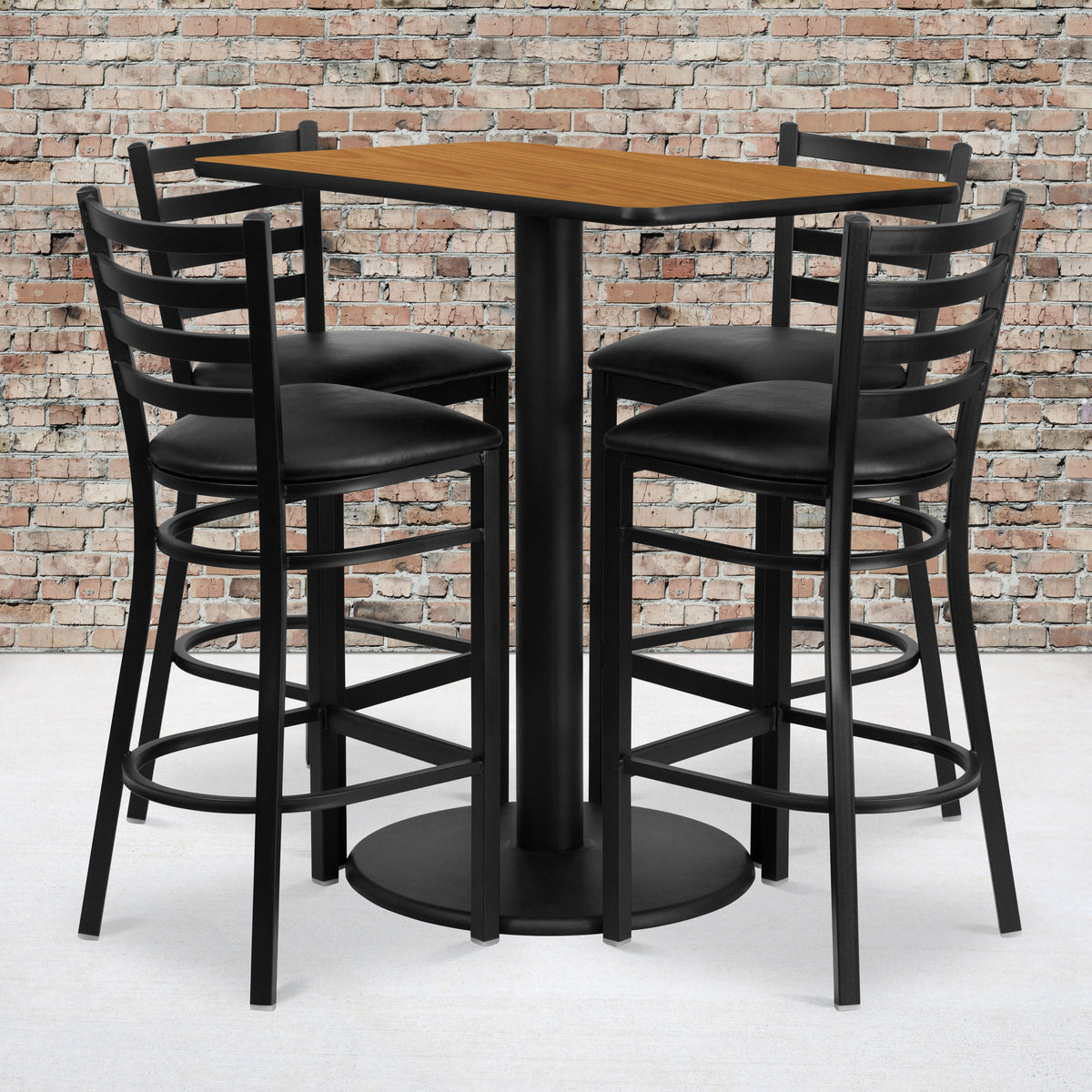 Natural Top/Black Vinyl Seat |#| 24inch x 42inch Rectangular Natural Laminate Table w/ 4 Ladder Back Metal Barstools