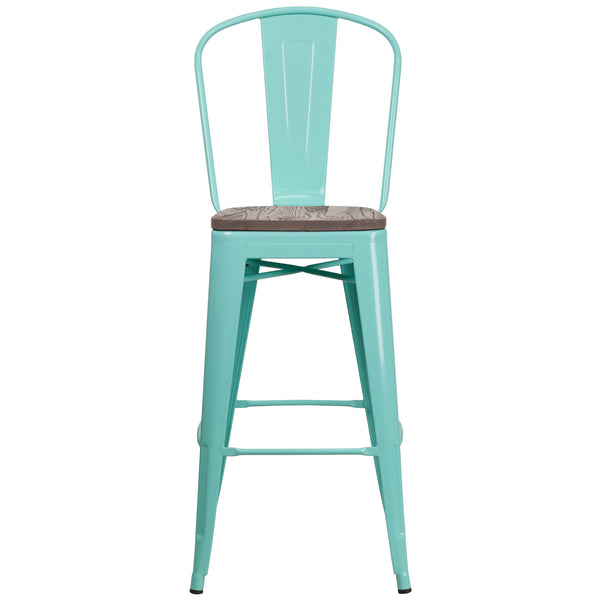 Purple |#| 30inch High Purple Metal Barstool with Back and Wood Seat