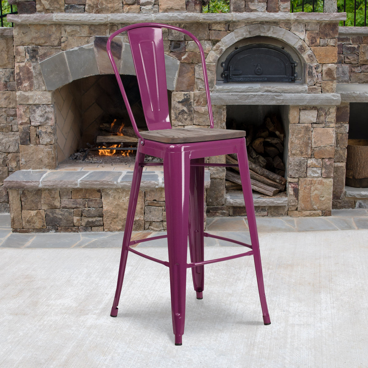 Purple |#| 30inch High Purple Metal Barstool with Back and Wood Seat