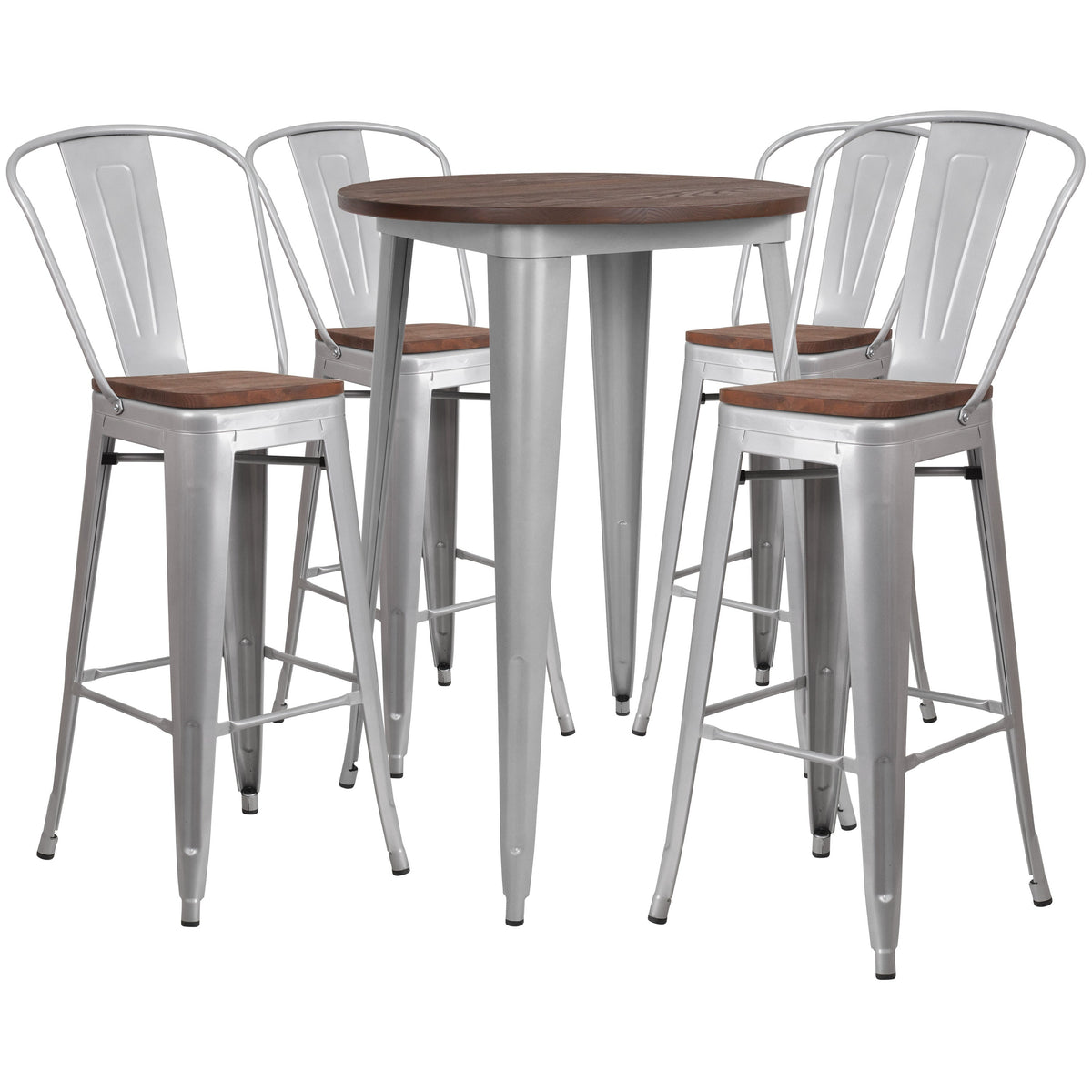 Silver |#| 30inch Round Silver Metal Bar Table Set with Wood Top and 4 Stools