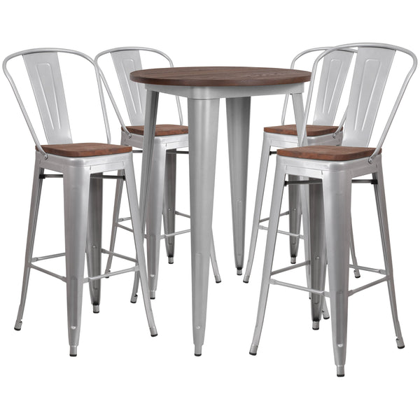 Silver |#| 30inch Round Silver Metal Bar Table Set with Wood Top and 4 Stools