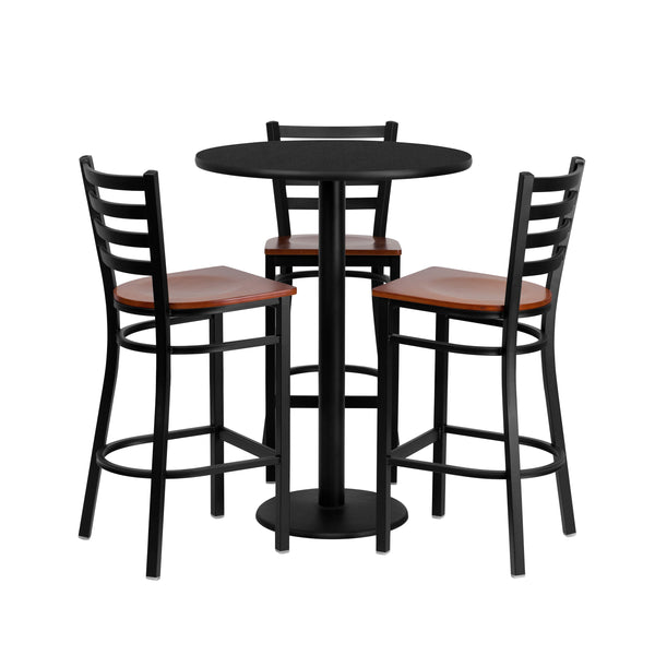 30inch Round Black Laminate Table Set with 3 Metal Barstools - Cherry Wood Seat