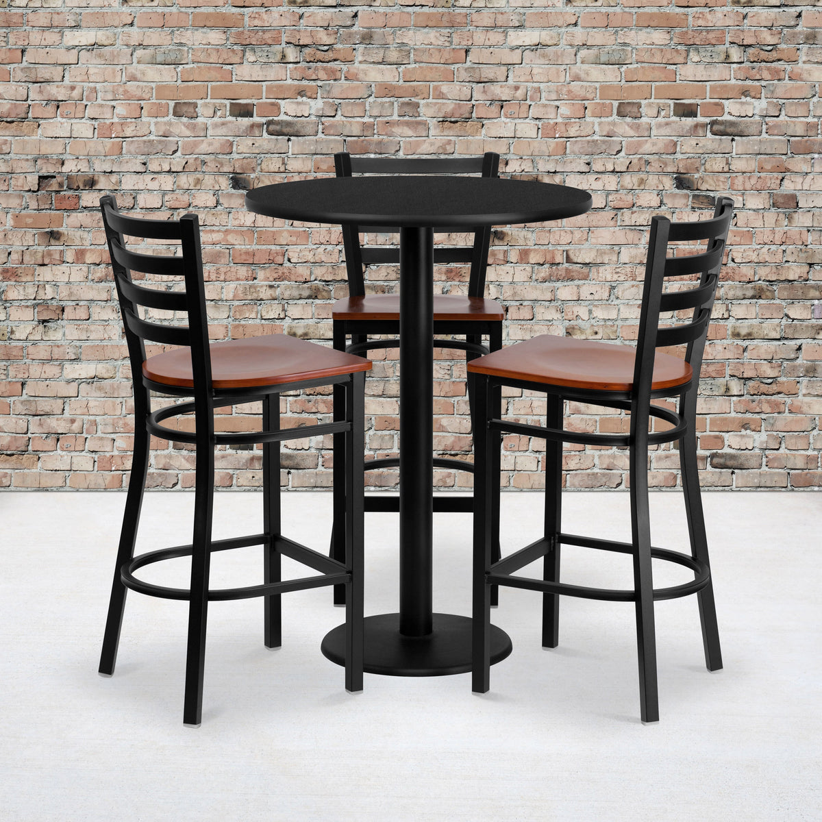 30inch Round Black Laminate Table Set with 3 Metal Barstools - Cherry Wood Seat