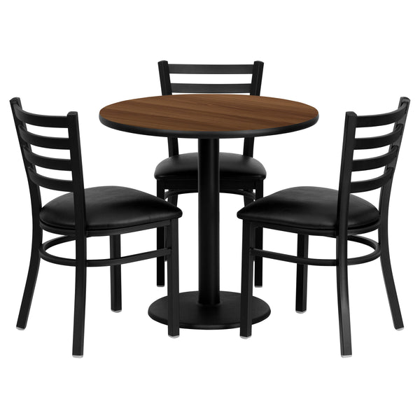 30inch Round Walnut Laminate Table Set with 3 Metal Chairs - Black Vinyl Seat