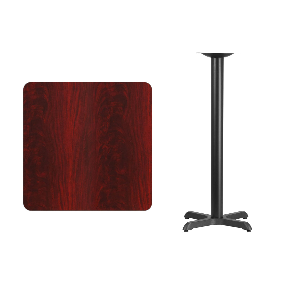 Mahogany |#| 30inch Square Mahogany Laminate Table Top with 22inch x 22inch Bar Height Table Base