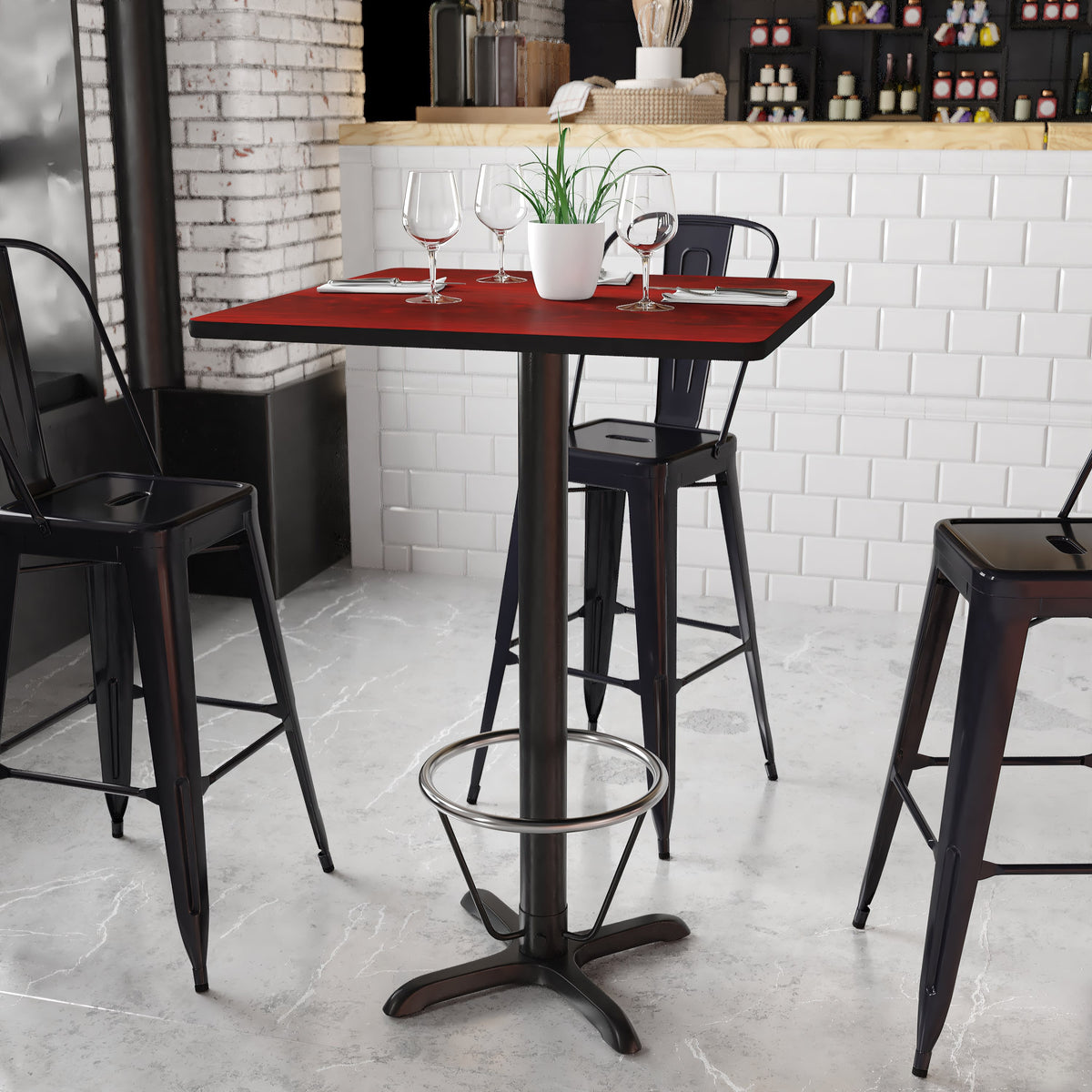 Mahogany |#| 30inch SQ Mahogany Laminate Table Top & 22inchx 22inch Bar Height Base with Foot Ring