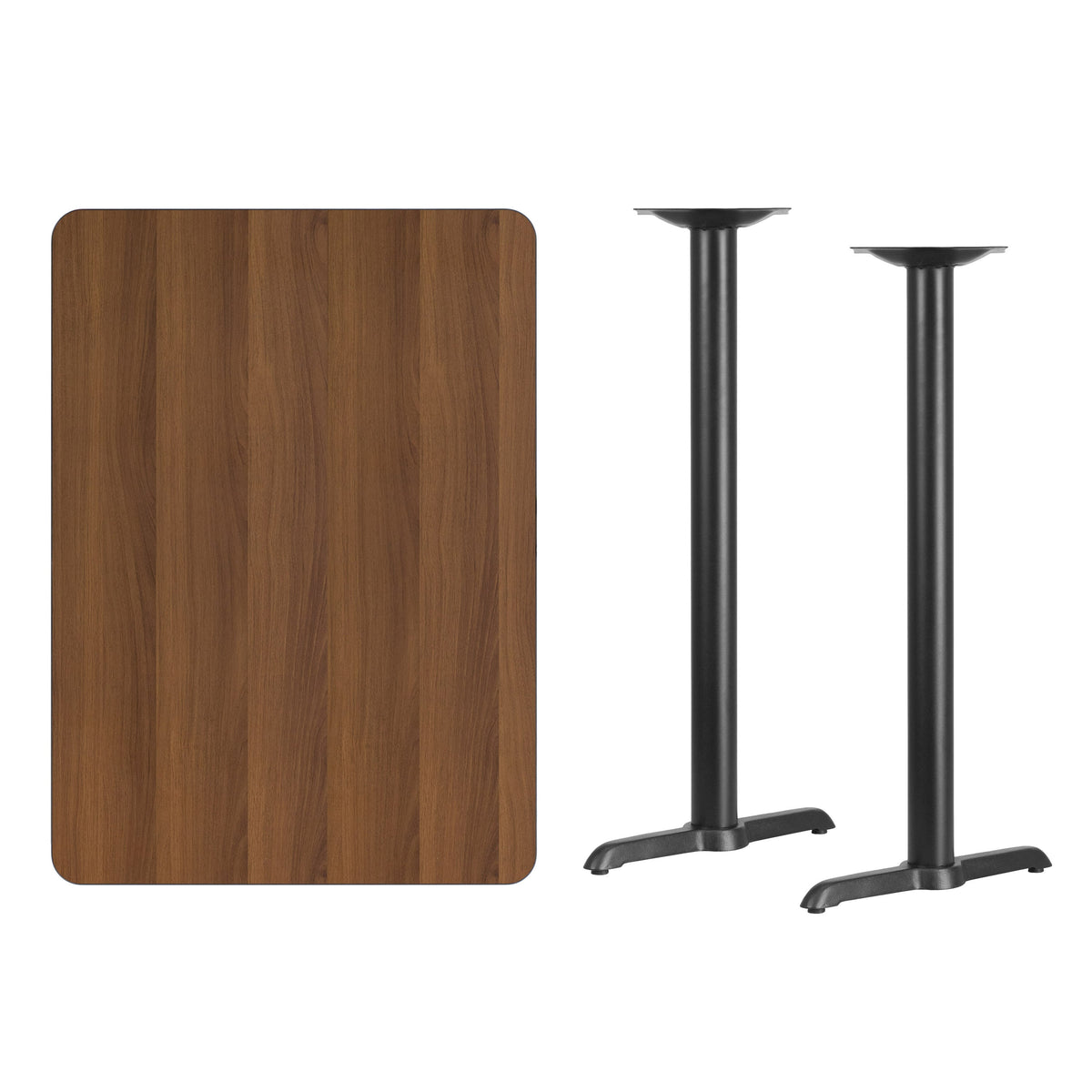 Walnut |#| 30x42 Rectangular Walnut Laminate Table Top & 5inch x 22inch Bar Height Table Bases