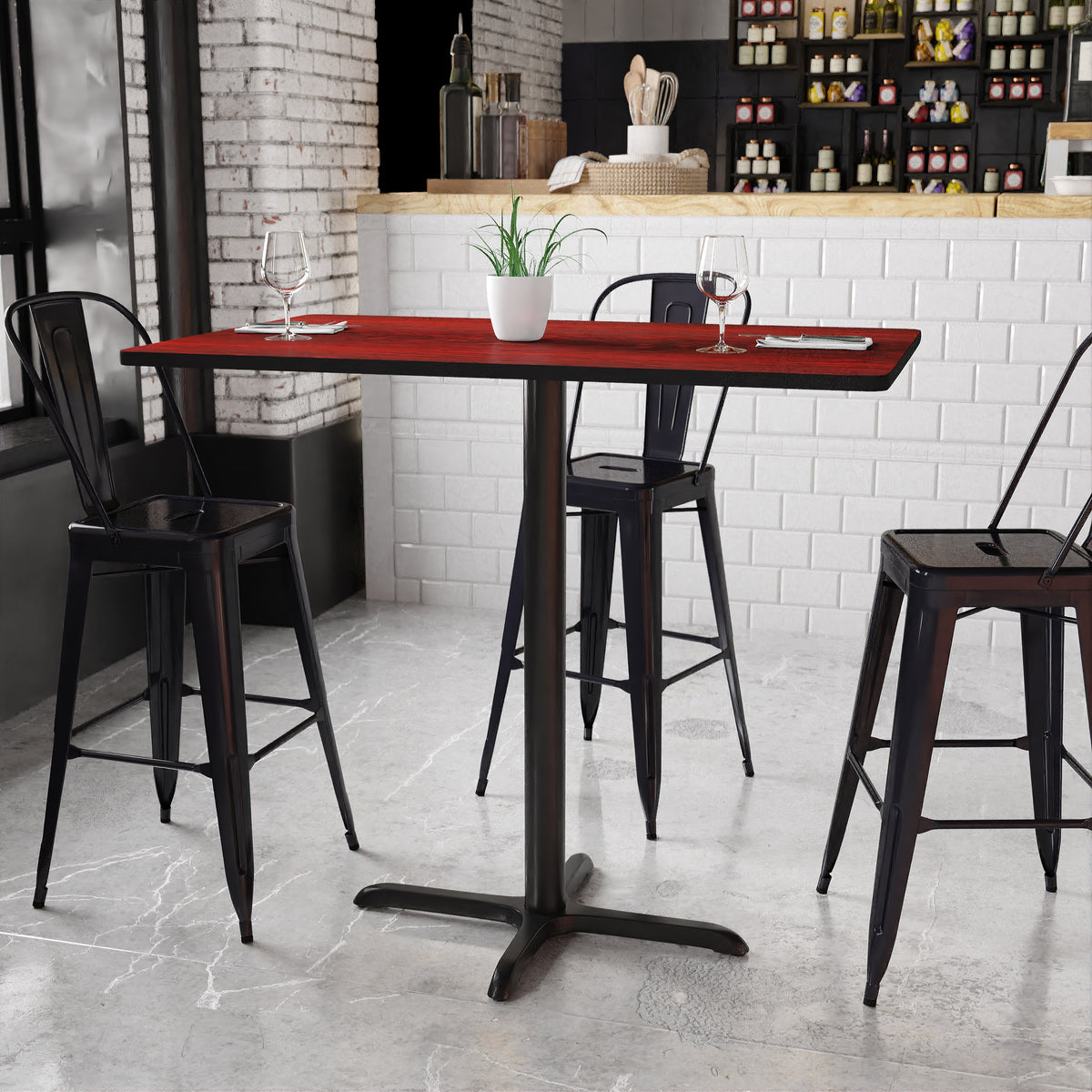 Mahogany |#| 30inch x 48inch Laminate Table Top with 23.5inch x 29.5inch Bar Height Table Base