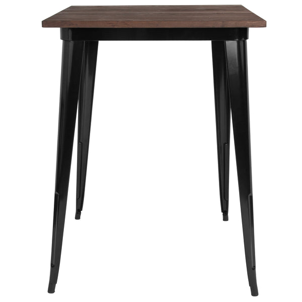 Black |#| 31.5inch Square Black Metal Indoor Bar Height Table with Walnut Rustic Wood Top