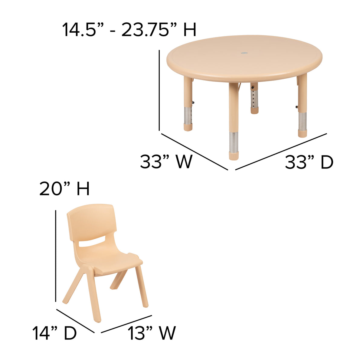 Natural |#| 33inch Round Natural Plastic Height Adjustable Activity Table Set with 2 Chairs