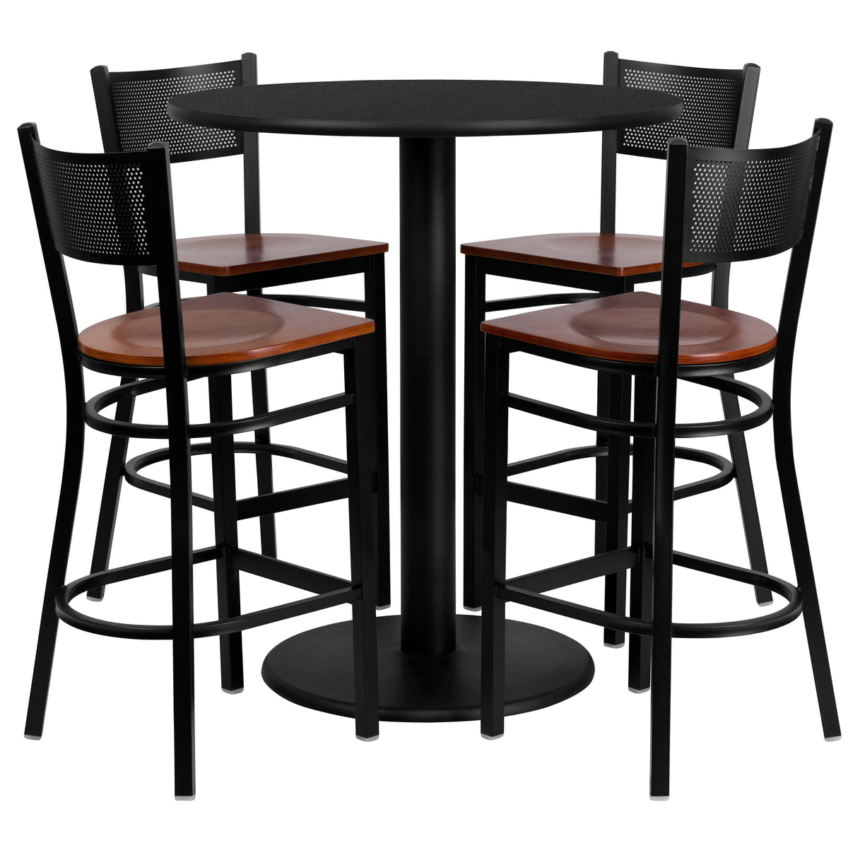 36inch Round Black Laminate Table Set with 4 Metal Barstools - Cherry Wood Seat