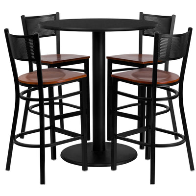 36'' Round Laminate Table Set with 4 Grid Back Metal Barstools