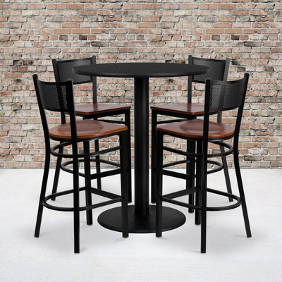 36'' Round Laminate Table Set with 4 Grid Back Metal Barstools - View 2