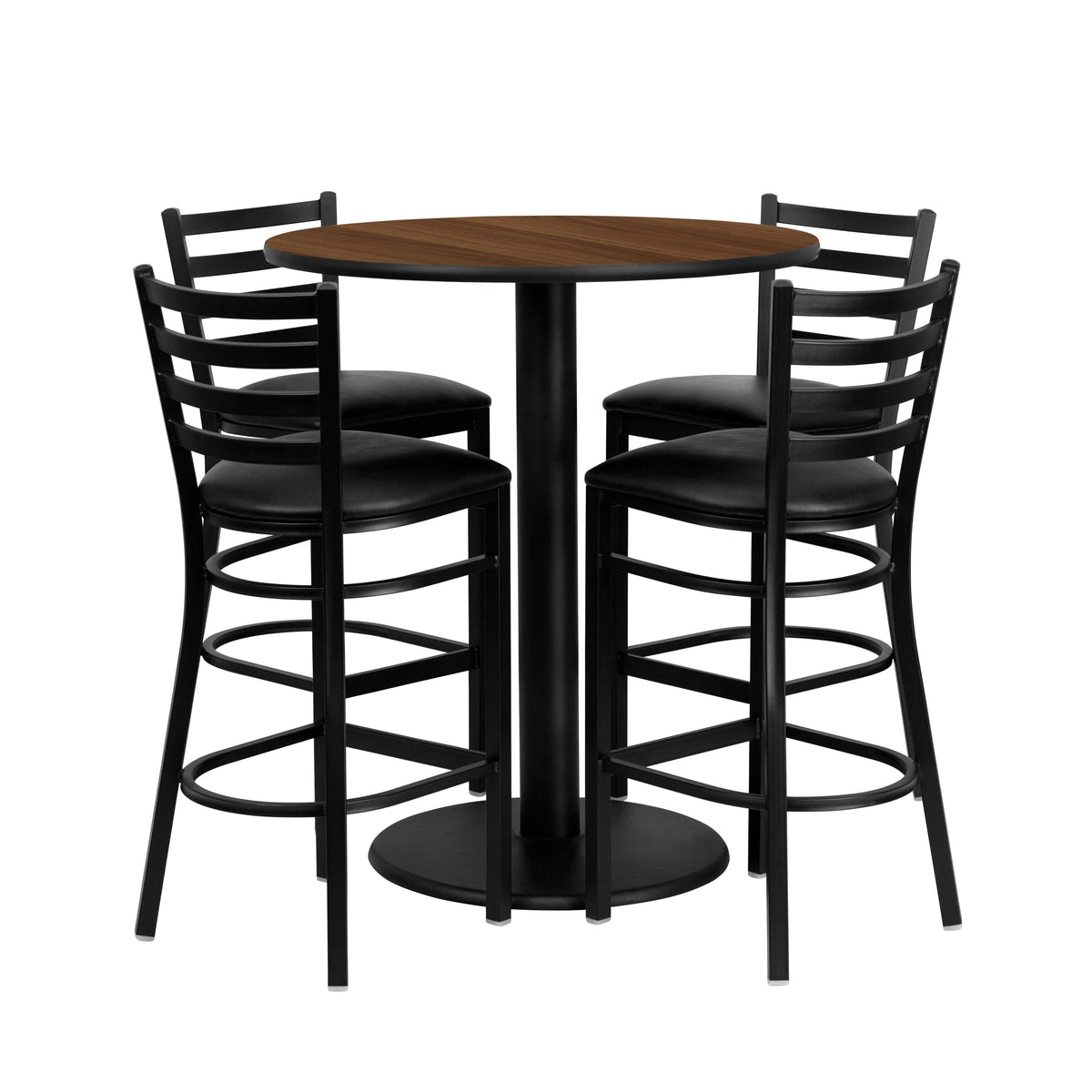 36inch Round Walnut Laminate Table Set with 4 Metal Barstools - Black Vinyl Seat