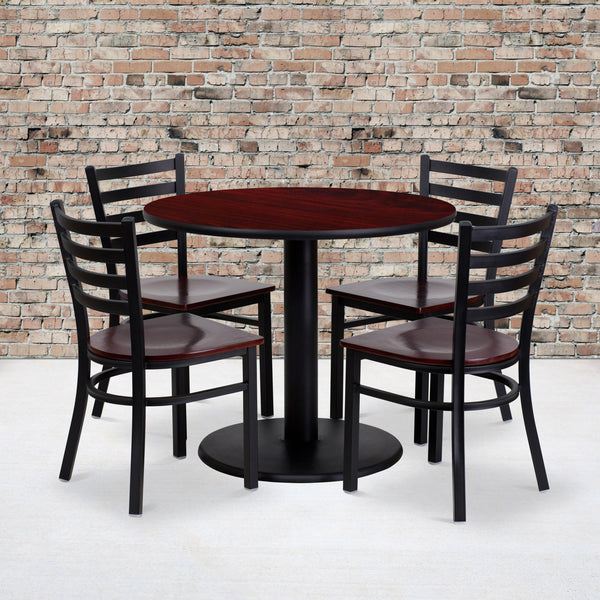 36inch Round Mahogany Laminate Table Set with 4 Metal Chairs - Mahogany Wood Seat