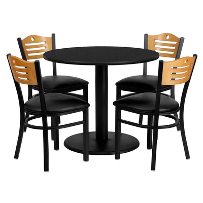 36'' Round Laminate Table Set with 4 Wood Slat Back Metal Chairs - View 1