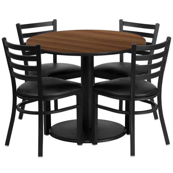 Walnut Top/Black Vinyl Seat |#| 36inch Round Walnut Laminate Table with Round Base and 4 Ladder Back Metal Chairs