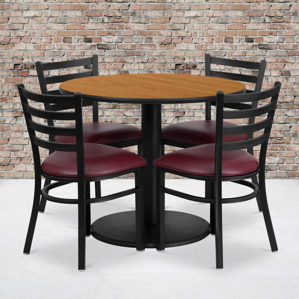 Natural Top/Burgundy Vinyl Seat |#| 36inch RD Natural Laminate Table with Round Base & 4 Metal Chairs-Burg Vinyl Seat