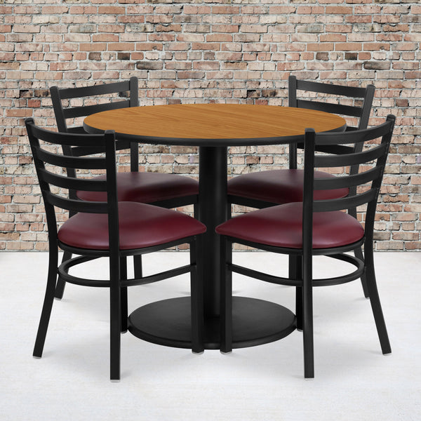 Natural Top/Burgundy Vinyl Seat |#| 36inch RD Natural Laminate Table with Round Base & 4 Metal Chairs-Burg Vinyl Seat