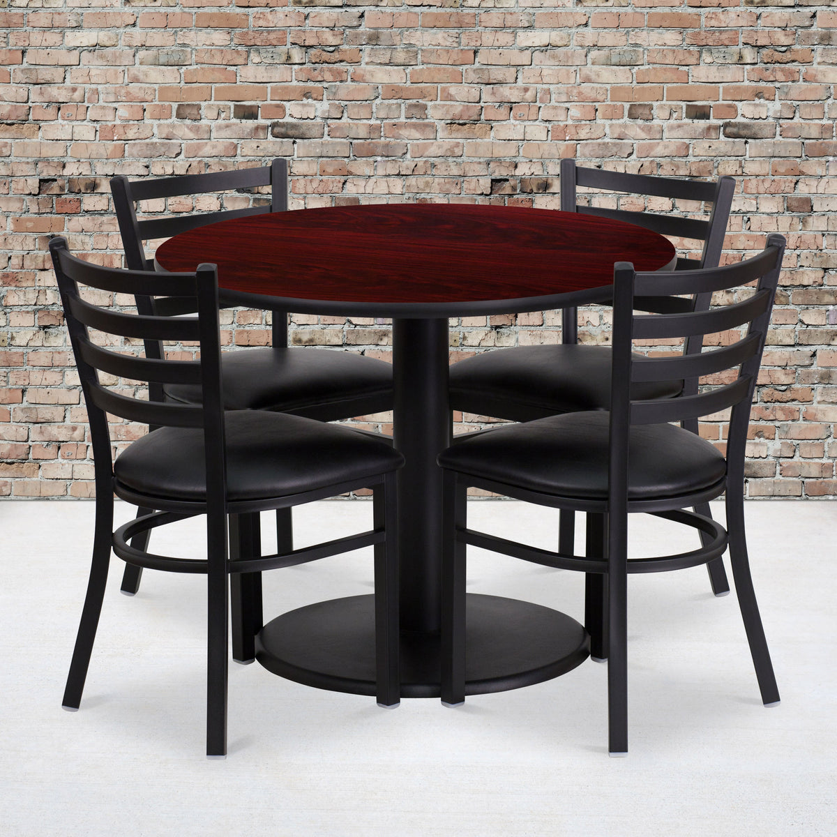 Mahogany Top/Black Vinyl Seat |#| 36inch Round Mahogany Laminate Table with Round Base & 4 Ladder Back Metal Chairs