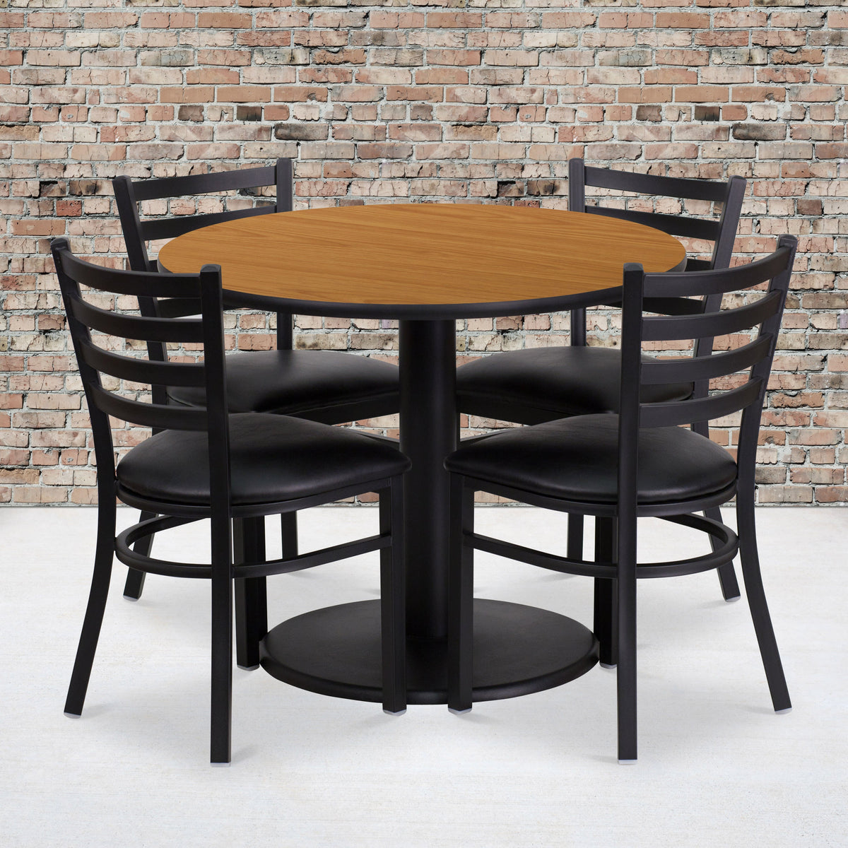 Natural Top/Black Vinyl Seat |#| 36inch Round Natural Laminate Table with Round Base and 4 Ladder Back Metal Chairs