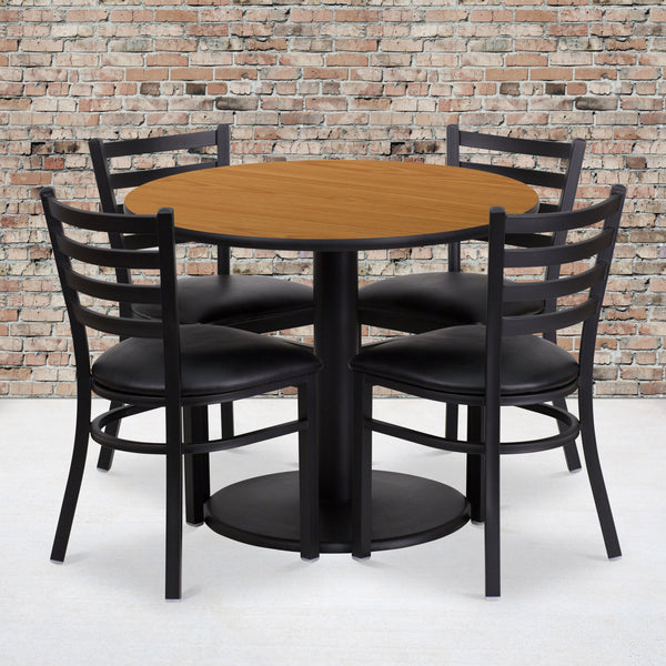 Natural Top/Black Vinyl Seat |#| 36inch Round Natural Laminate Table with Round Base and 4 Ladder Back Metal Chairs