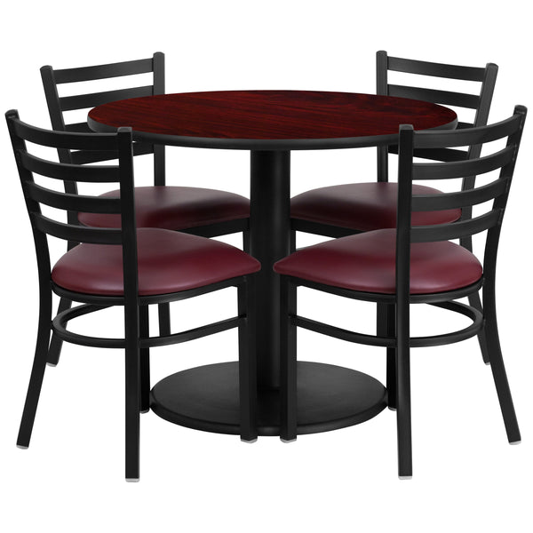 Mahogany Top/Burgundy Vinyl Seat |#| 36inch RD Mahogany Laminate Table with Round Base & 4 Metal Chairs-Burg Vinyl Seat
