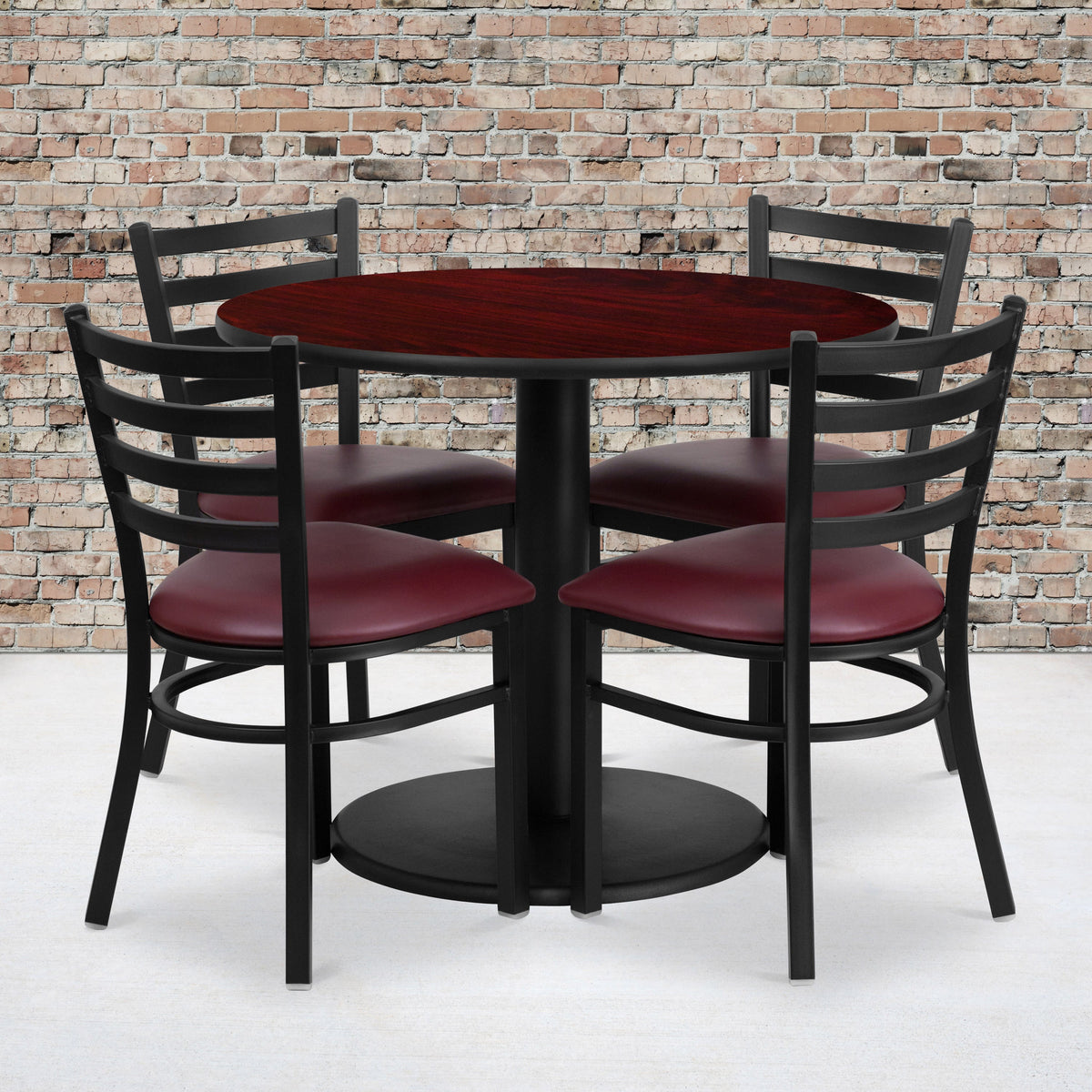 Mahogany Top/Burgundy Vinyl Seat |#| 36inch RD Mahogany Laminate Table with Round Base & 4 Metal Chairs-Burg Vinyl Seat
