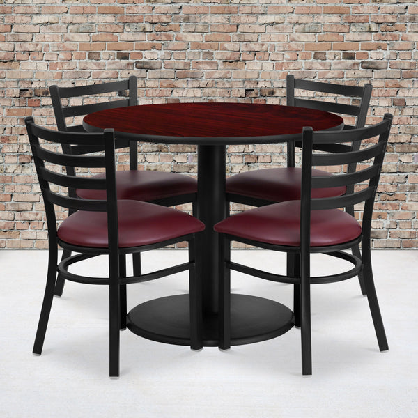 Mahogany Top/Burgundy Vinyl Seat |#| 36inch RD Mahogany Laminate Table with Round Base & 4 Metal Chairs-Burg Vinyl Seat