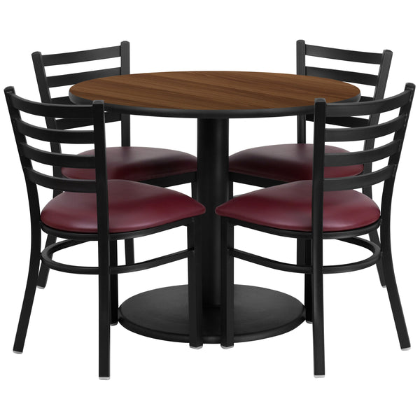 Walnut Top/Burgundy Vinyl Seat |#| 36inch RD Walnut Laminate Table with Round Base & 4 Metal Chairs - Burg Vinyl Seat