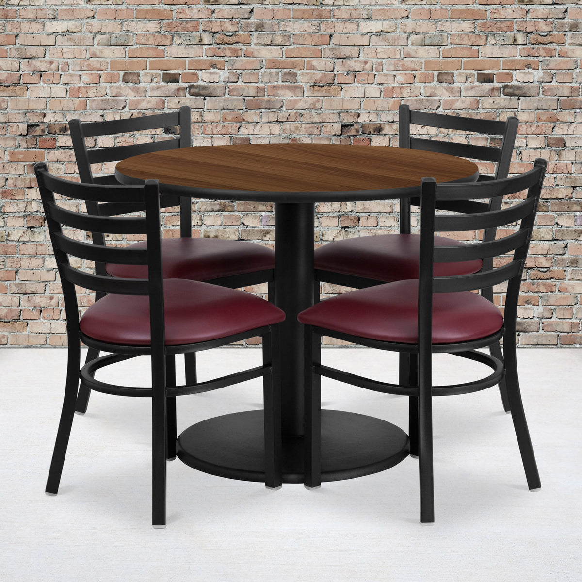Walnut Top/Burgundy Vinyl Seat |#| 36inch RD Walnut Laminate Table with Round Base & 4 Metal Chairs - Burg Vinyl Seat