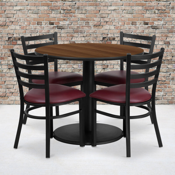 Walnut Top/Burgundy Vinyl Seat |#| 36inch RD Walnut Laminate Table with Round Base & 4 Metal Chairs - Burg Vinyl Seat