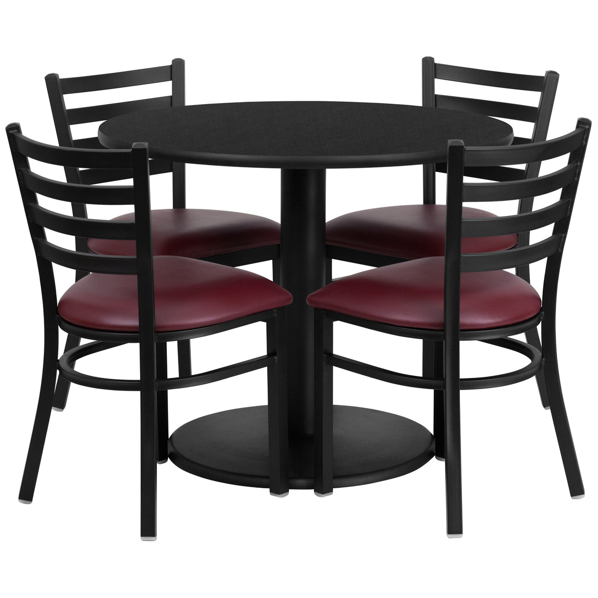 Black Top/Burgundy Vinyl Seat |#| 36inch RD Black Laminate Table w/ Round Base & 4 Metal Chairs-Burgundy Vinyl Seat
