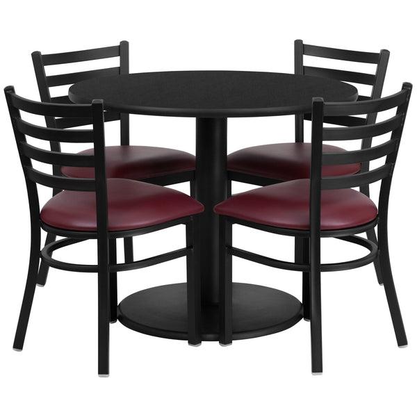 Black Top/Burgundy Vinyl Seat |#| 36inch RD Black Laminate Table w/ Round Base & 4 Metal Chairs-Burgundy Vinyl Seat