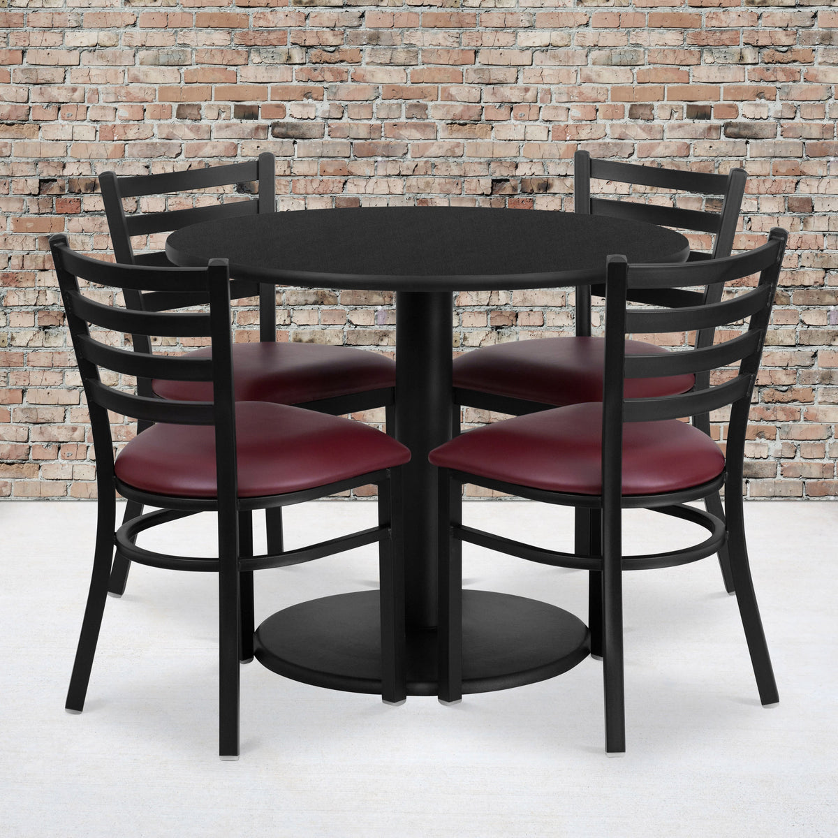 Black Top/Burgundy Vinyl Seat |#| 36inch RD Black Laminate Table w/ Round Base & 4 Metal Chairs-Burgundy Vinyl Seat