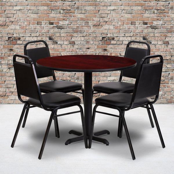 Mahogany Top/Black Vinyl Seat |#| 36inch Round Mahogany Laminate Table Set with X-Base and 4 Black Banquet Chairs