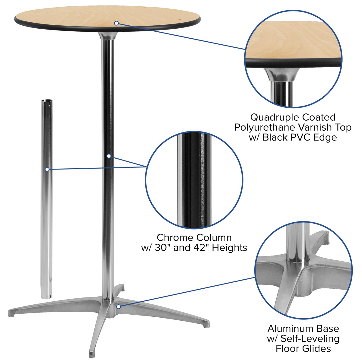 Natural |#| 36" Round Wood Commercial Grade Cocktail Table with 30" and 42" Columns