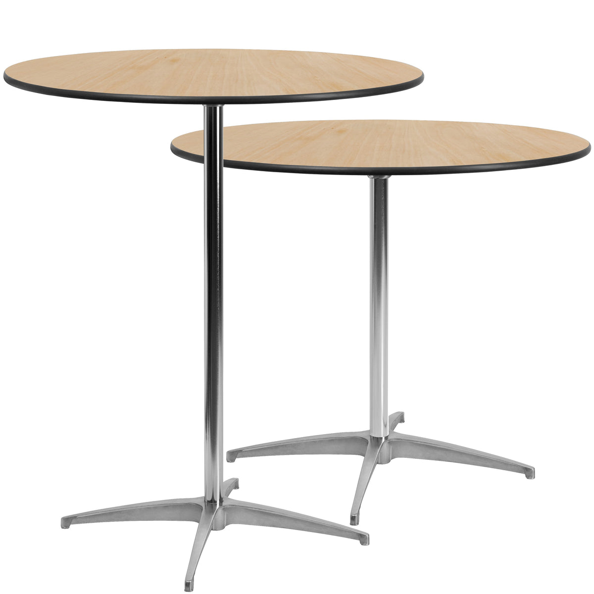 Natural |#| 36" Round Wood Commercial Grade Cocktail Table with 30" and 42" Columns