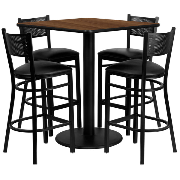 36inch Square Walnut Laminate Table Set with 4 Metal Barstools - Black Vinyl Seat