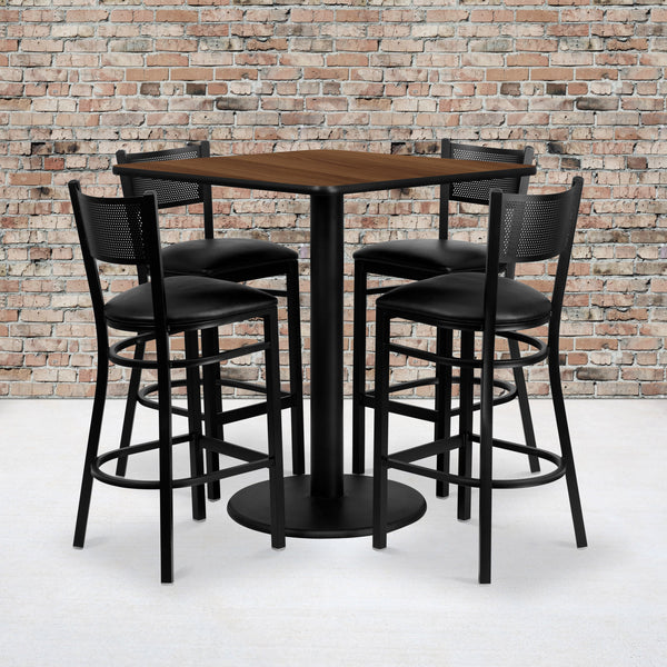 36inch Square Walnut Laminate Table Set with 4 Metal Barstools - Black Vinyl Seat