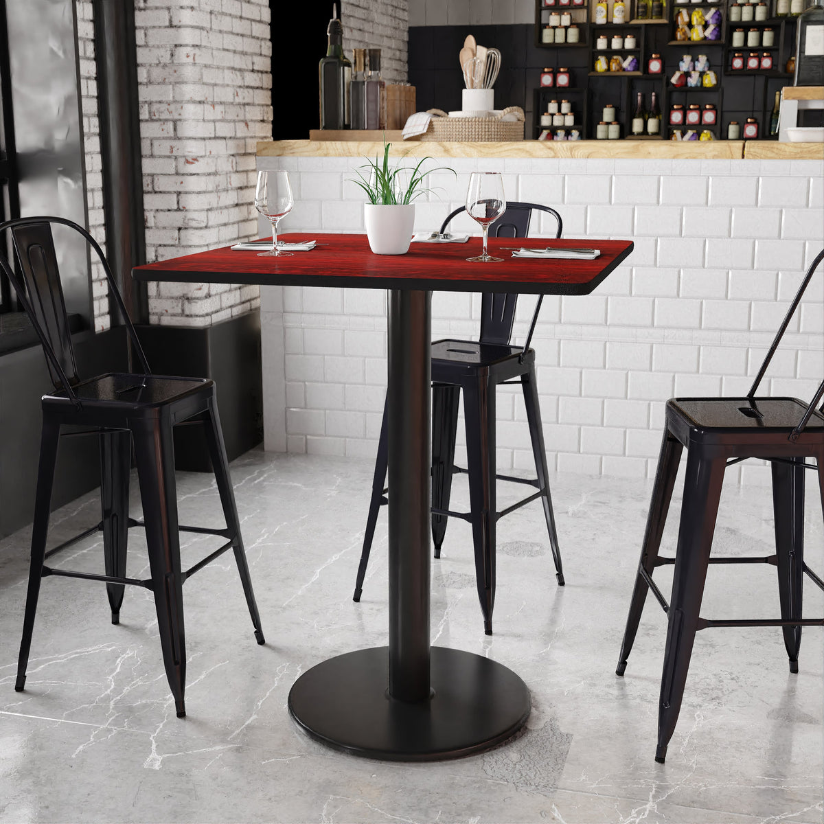 Mahogany |#| 36inch Square Mahogany Laminate Table Top with 24inch Round Bar Height Table Base