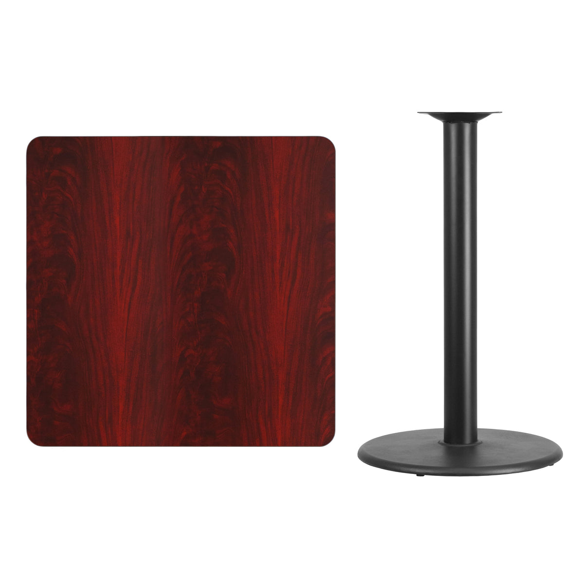 Mahogany |#| 36inch Square Mahogany Laminate Table Top with 24inch Round Bar Height Table Base