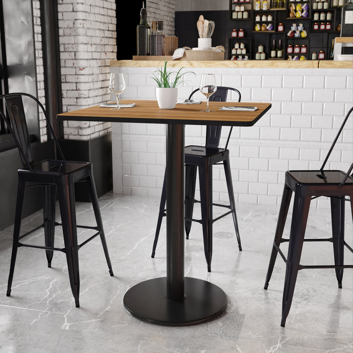 Walnut |#| 36inch Square Walnut Laminate Table Top with 24inch Round Bar Height Table Base