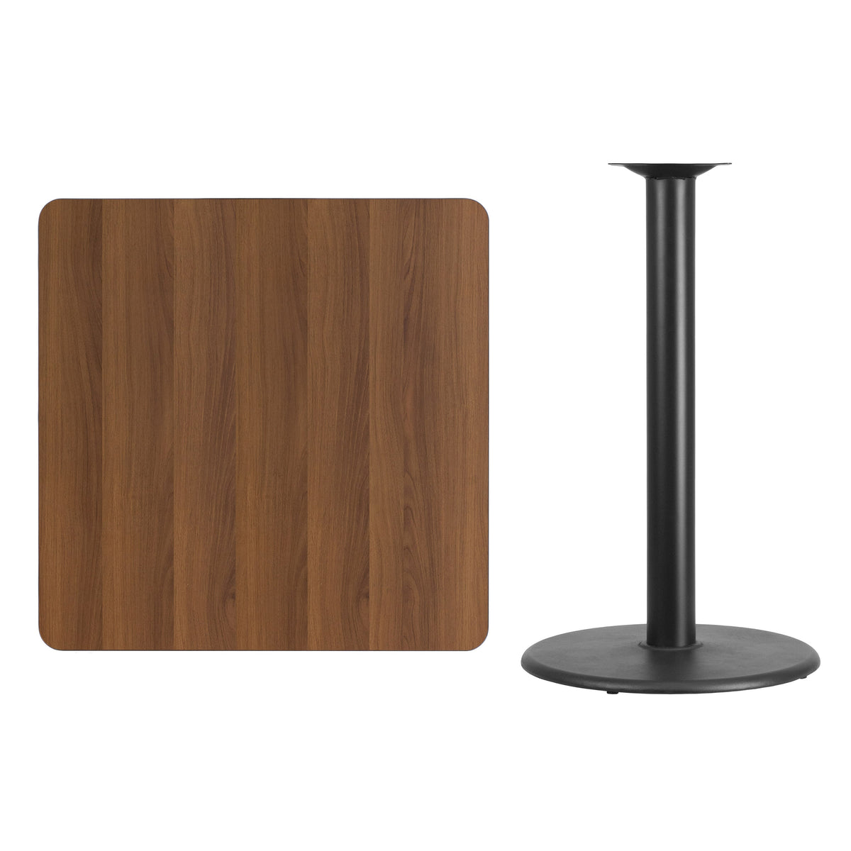 Walnut |#| 36inch Square Walnut Laminate Table Top with 24inch Round Bar Height Table Base
